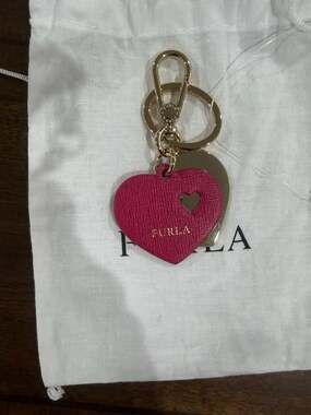 Furla Camelia Heart Keyring Bag Charm Pink and Gold and Dust Bag Designer Luxury